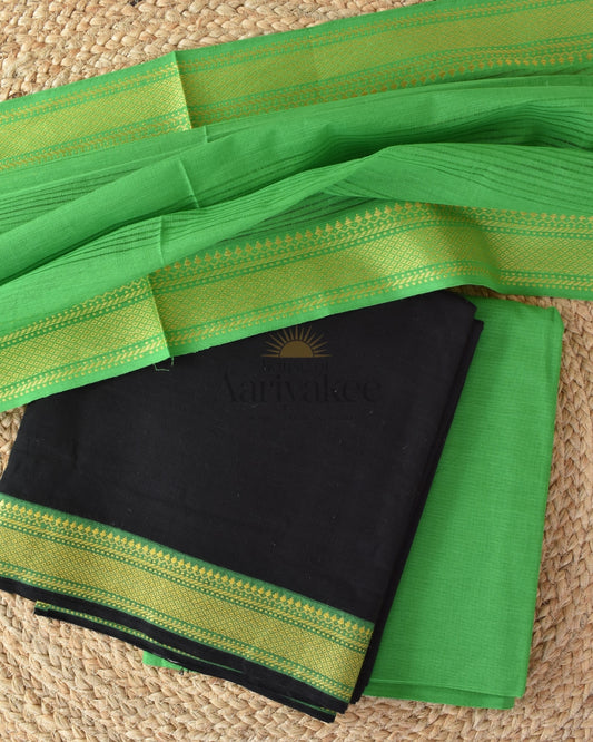 Black & Parrot Green Mangalagiri Handloom Cotton Suit