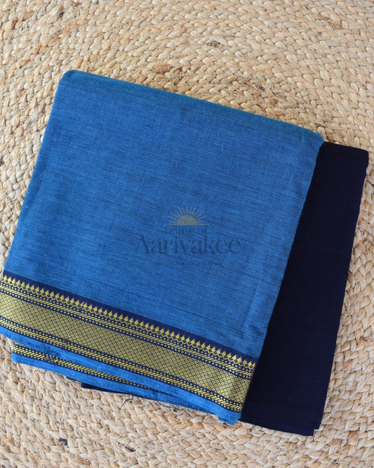 Royal Navy Blue & Sky Blue Handloom Cotton Suit with Zari Border