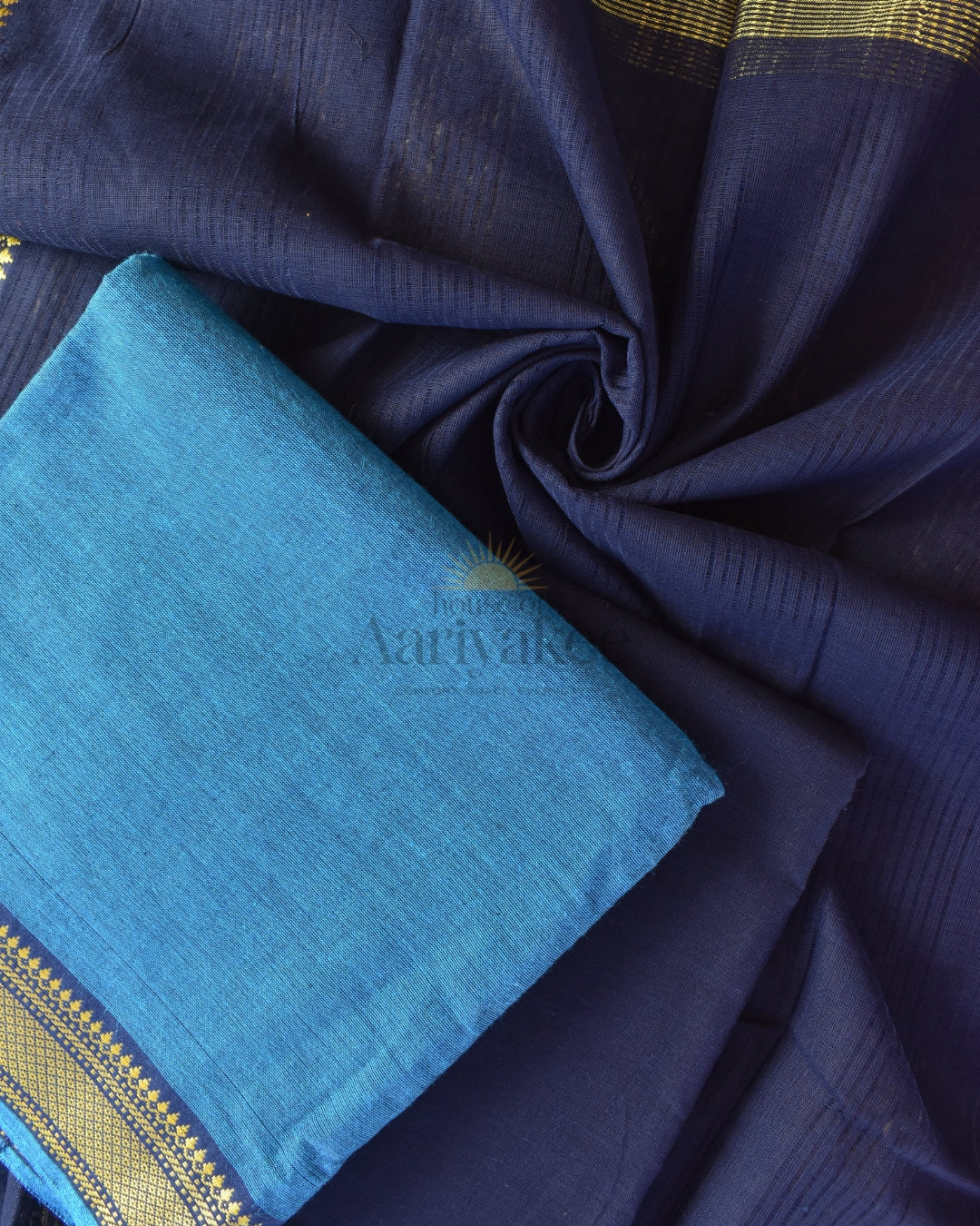 Royal Navy Blue & Sky Blue Handloom Cotton Suit with Zari Border