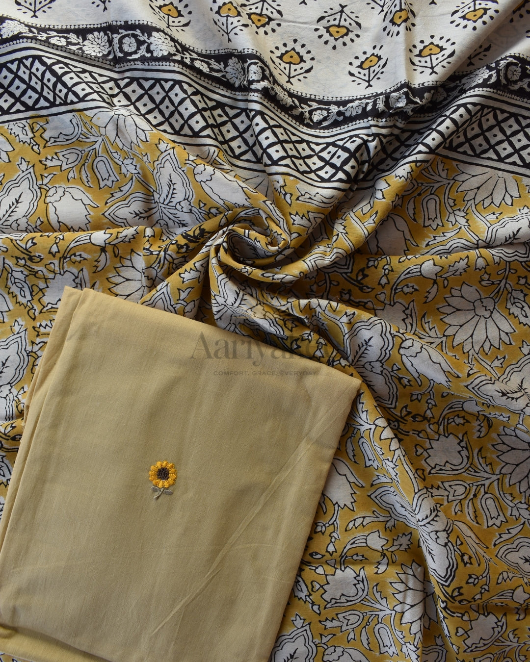 Mustard Floral Handwoven Cotton Suit Set