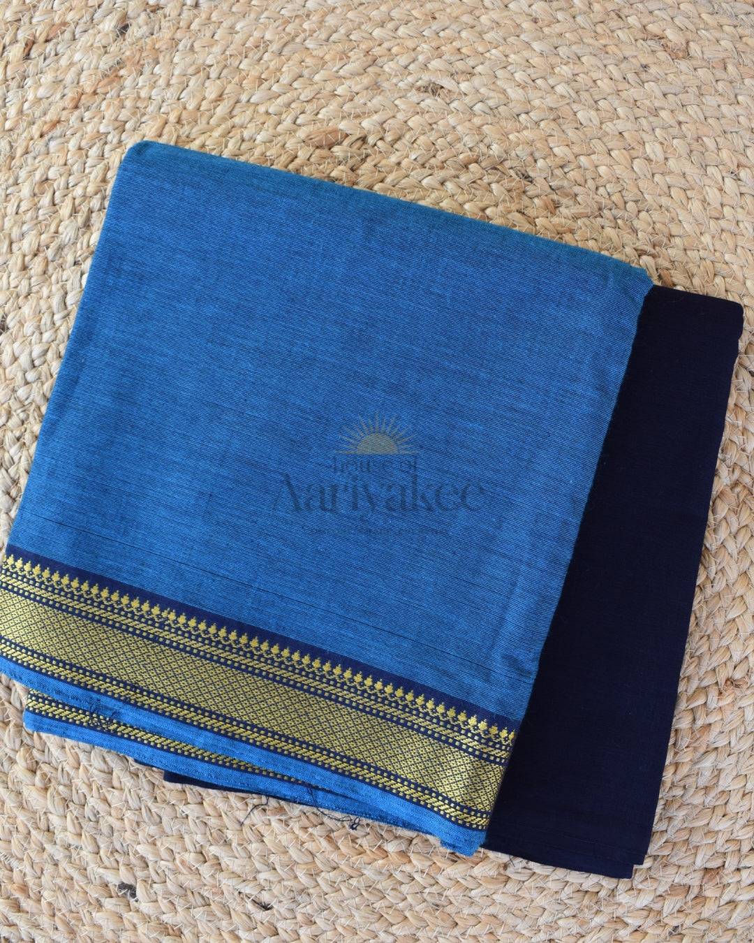 Royal Navy Blue & Sky Blue Handloom Cotton Suit with Zari Border