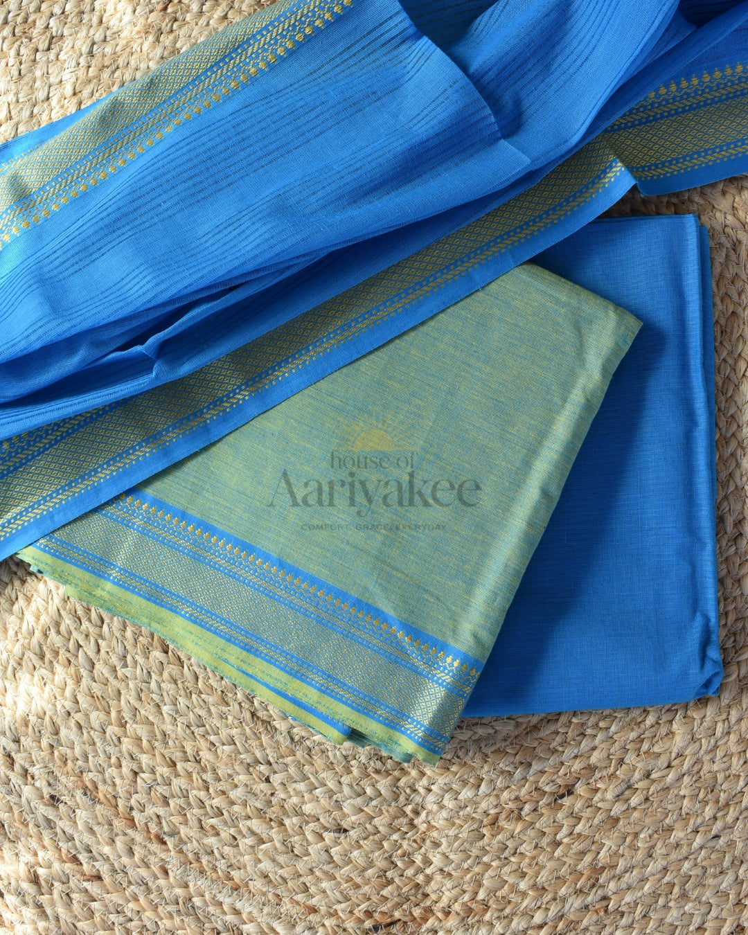 Sea Green &sky blue Handloom Mangalagiri Cotton Suit Set