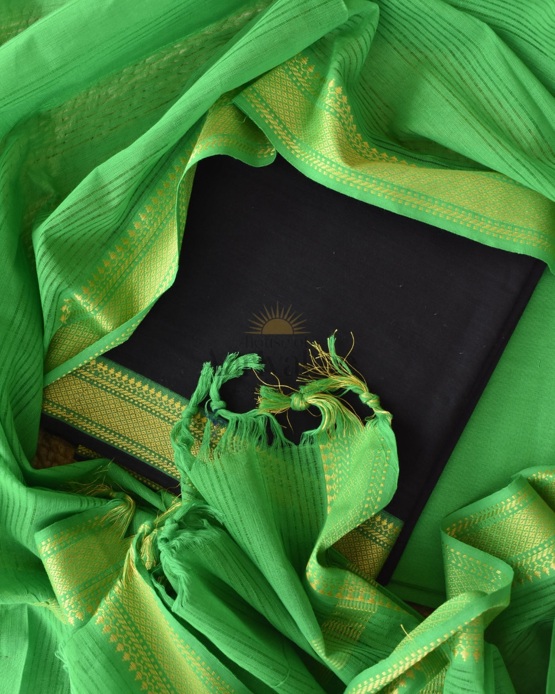 Black & Parrot Green  Mangalagiri Handloom Cotton Suit