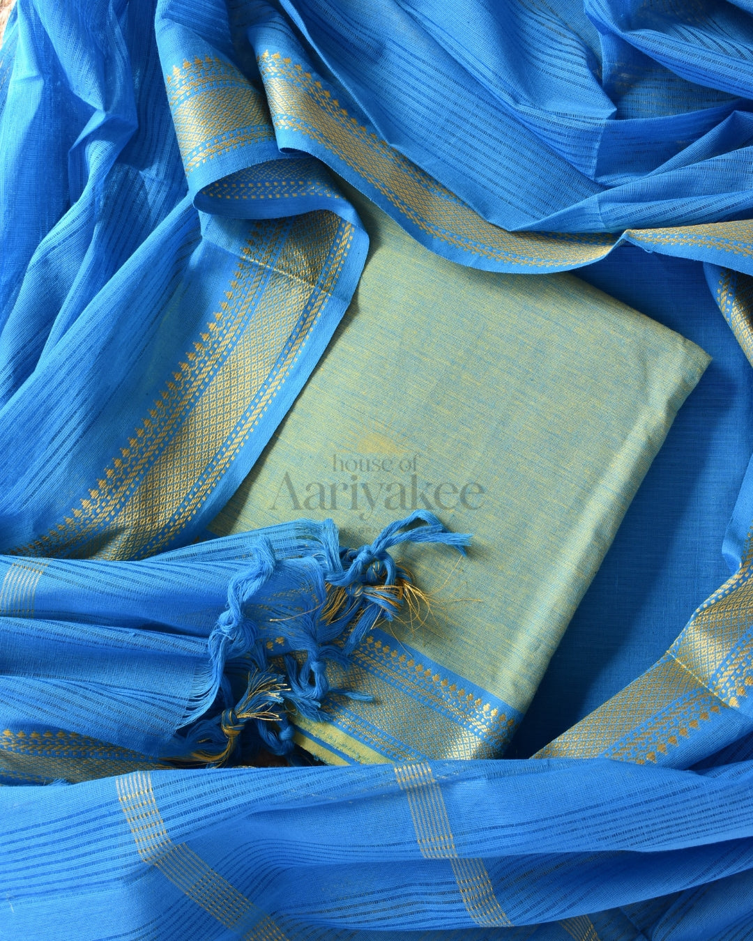 Sea Green &sky blue Handloom Mangalagiri Cotton Suit Set