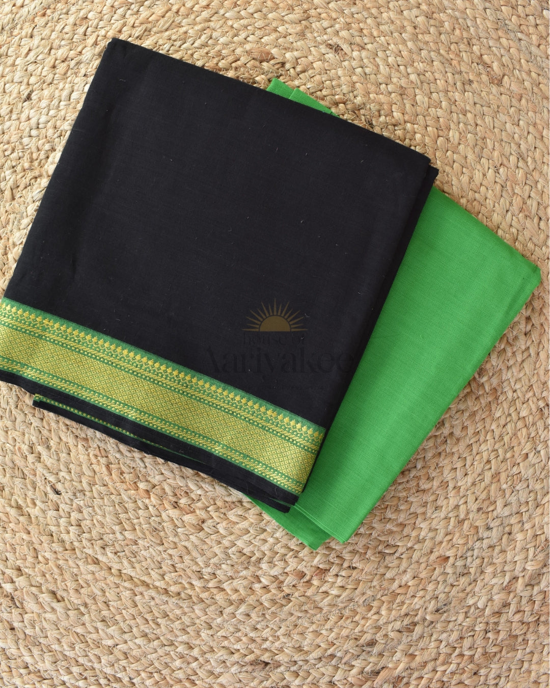Black & Parrot Green  Mangalagiri Handloom Cotton Suit